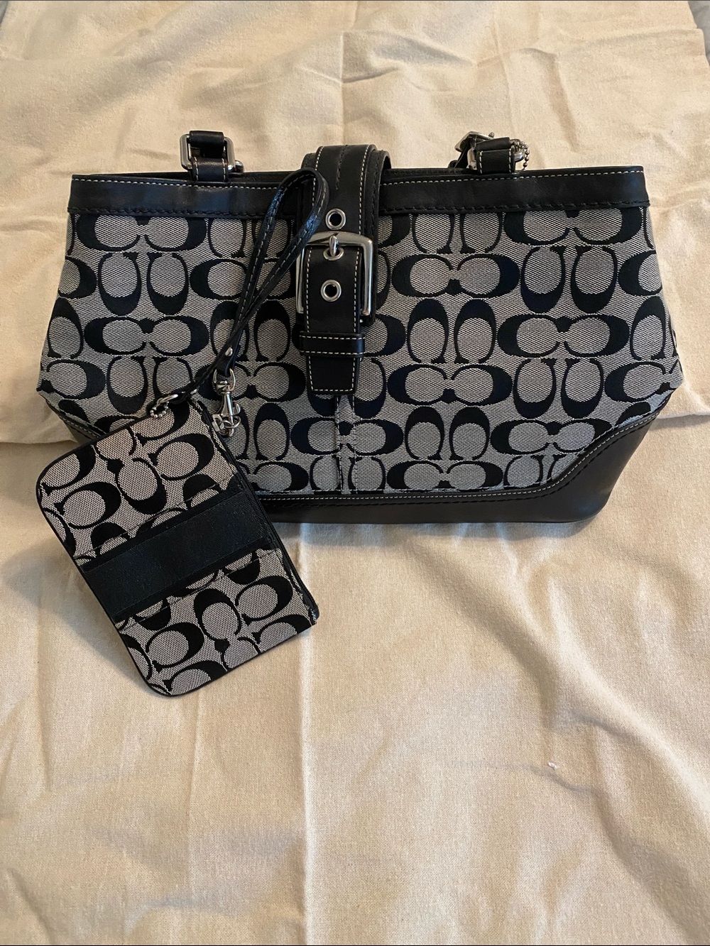 Coach Black and Gray Signature Jacquard Shoulder Bag with Wristlet